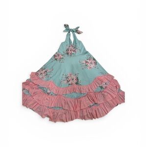 Girls' Floral Halter Ruffle Dress in Aqua and Pink